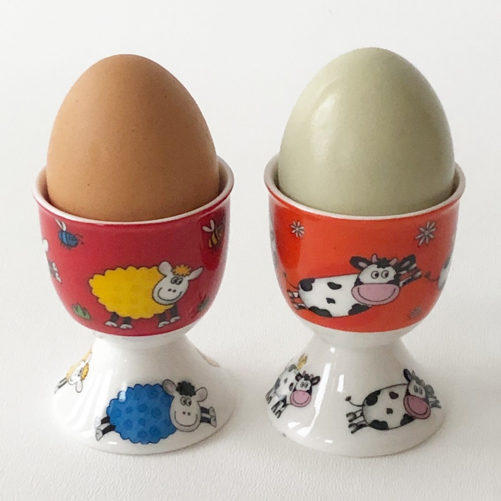 Set 2 William & Maxwell Whimsical Egg Cups Cows Ships Bees Flowers